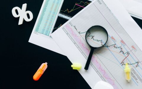 High-angle view of financial charts, showcasing stock market analysis with magnifying glass and highlighters.