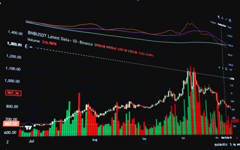 Close-up of a cryptocurrency market graph focusing on BNB price and volume trends over time.
