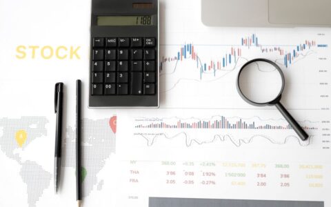 Flat lay of stock market analysis tools including calculator, graphs, and magnifying glass.