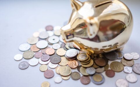 A golden piggy bank surrounded by assorted coins, symbolizing savings and wealth.